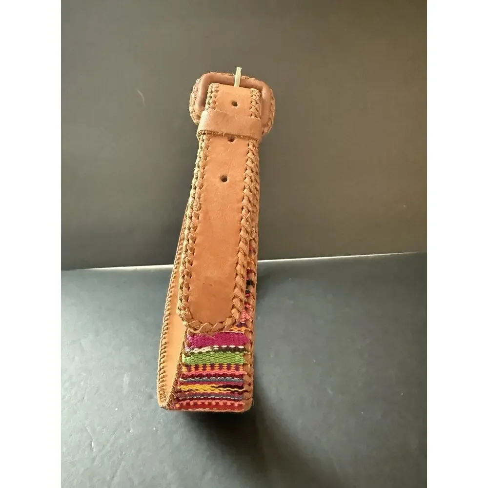 Lands End Southwestern Colorful Boho Belt Woven 28 Inches Leather Guatemala